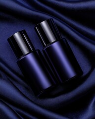 Elegant blue bottles on luxurious dark silk fabric, showcasing style and sophistication.