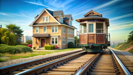 Obraz premium A house standing on a trolley car track, motion, transportation, motion,transportation, infrastructure,urban