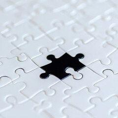 black puzzle piece fitting perfectly into sea of white pieces, symbolizing uniqueness and harmony