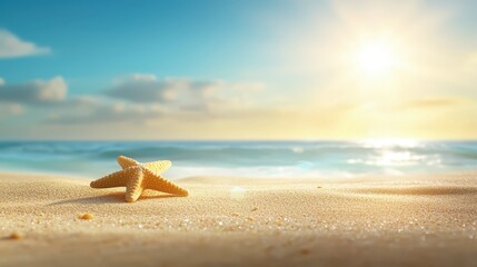 Radiant seaside scene, starfish glistening under the summer sun on the sandy beach