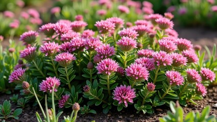 Obraz premium Thymus flowers and sedum plant combination in the meadow. Bright pink blooms nestled among the leaves. Small purple flowers serving as ground cover.