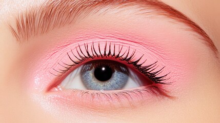 Obraz premium Close-up of eye, soft pink eyeshadow and long lashes, emphasizing beauty and makeup artistry, ideal for cosmetic showcases.