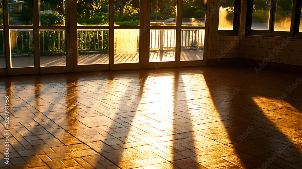 Poster sunlight streaming through in a room creating beautiful patterns and illuminating the interior space