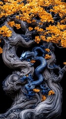 Blue Dragon Coiled Around Gnarled Tree with Bright Orange Flowers