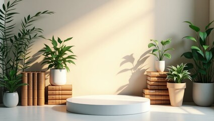 Fototapeta premium The setup for a product display features a circular white wooden pedestal adorned with books, plants, and other decorations, showcasing the shadows cast by leaves against a backdrop.