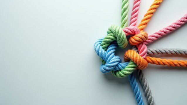 Unity and teamwork theme depicted as a business metaphor for forming a partnership with various ropes intertwined as a corporate emblem for cooperation and collaborative work.