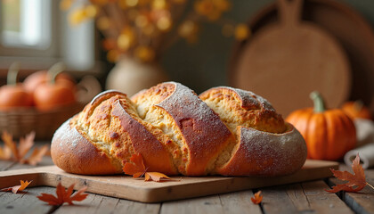 Freshly baked bread in kitchen with autumn decorations, close-up angle with soft ambient light