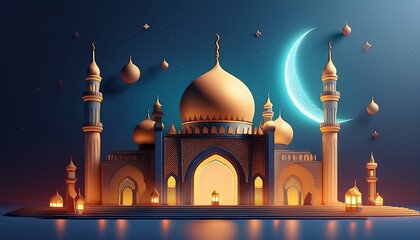 Islamic Background with mosque and moon, eid greetings background, mosque night view. Arabian Nights. Ramadan kareem . Illustration