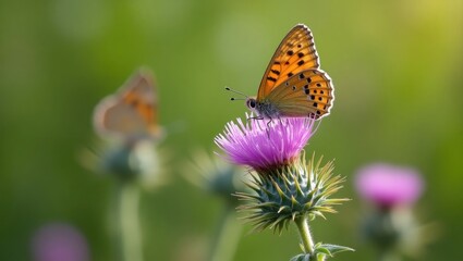 White-letter Hairstreak on Creeping Thistle Butterfly perched on a Creeping Thistle flower.