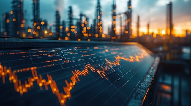 Financial data displayed against an industrial backdrop