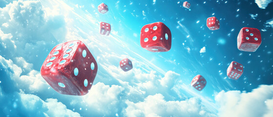 Red dice floating among fluffy clouds in surreal, dreamlike sky, evoking sense of chance and fantasy. vibrant blue and white tones create whimsical and imaginative atmosphere