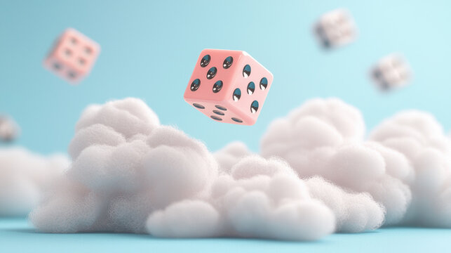 pink dice floating above fluffy white clouds in surreal, casino themed dreamscape with light blue background, evoking whimsical and imaginative atmosphere