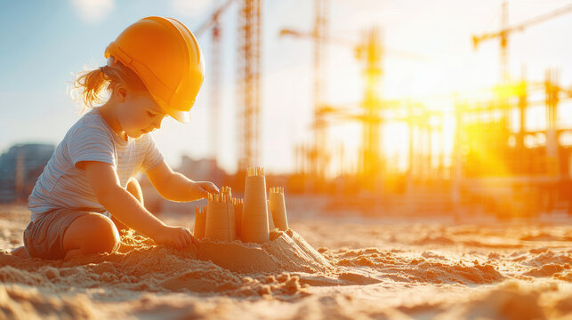 child wearing construction helmet builds san astle at construction site during sunset, symbolizing creativity and imagination in unique setting