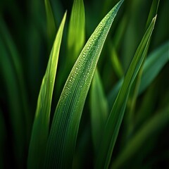 Green grass blades adorned with sparkling water droplets after a refreshing rain shower