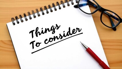 Top view of notebook featuring the text "Things to consider," accompanied by a pen and eyeglasses on a table.