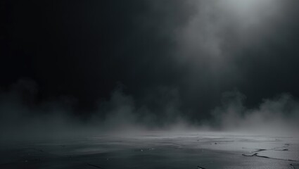 Texture of a dark concentrated floor with mist or fog. Abstract black, dark, and gray cement wall and studio room, interior texture for showcasing products.