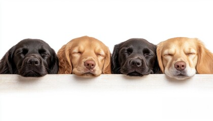 Four dogs resting with eyes closed on a white background, showcasing their peaceful nature.