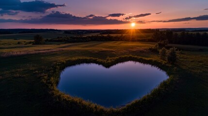 Heart-shaped pond sunset reflection natural landscape aerial view peaceful environment emotive concept