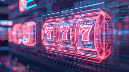 futuristic slot machine with glowing neon lights and winning combination of triple sevens, creating vibrant and high tech casino atmosphere