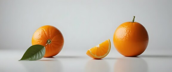 A bright orange orange, with its leaf stem placed on a clean white surface with a white background. The lighting is soft and even, bringing out the texture of the orange peel.