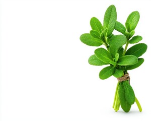 Fresh green stevia bundle on white background, healthy and natural sweetener.