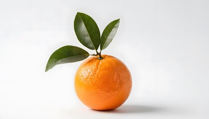 A bright orange orange, with its leaf stem placed on a clean white surface with a white background. The lighting is soft and even, bringing out the texture of the orange peel.