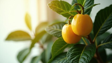 Ripening yellow fruit and glossy green foliage adorn a beautiful tree displayed against a white background. It is a favored houseplant.