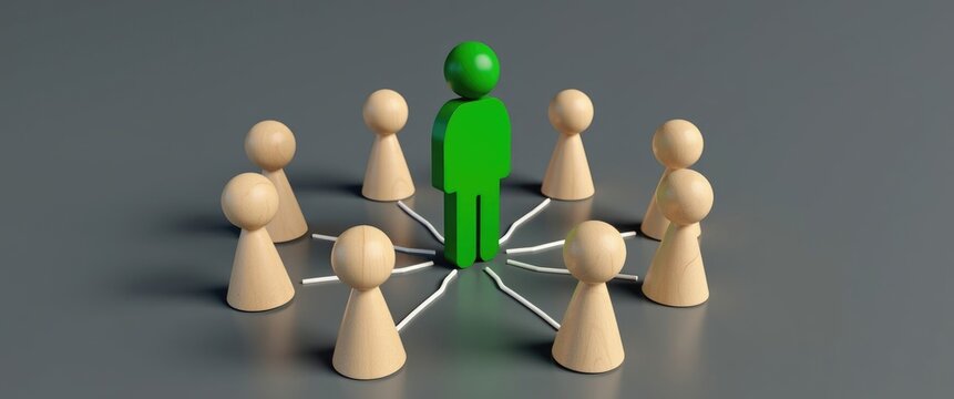 The green figure of a person brings together others around him. Call for collaboration, forming a new team. Leader and leadership, coordination and action, social connections, communication. Organi...