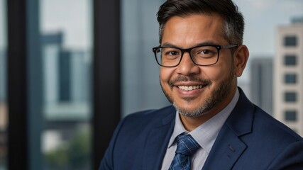 Fototapeta premium Retrato ejecutivo de un profesional en traje azul con edificios visibles a través de grandes ventanas de oficina, destacando estilo corporativo y éxito empresarial