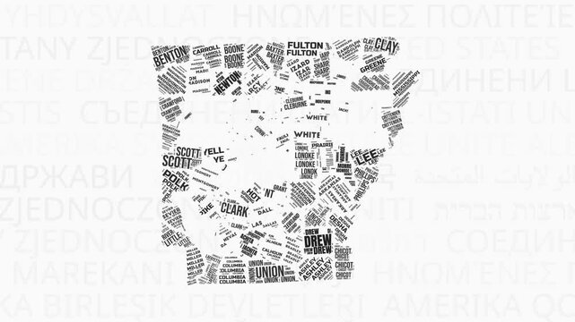 Arkansas intro animation. State with counties illustration video. Background with state names in various languages. Counties of Arkansas animation. Classy video.