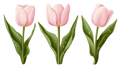 Obraz premium Three Pale Pink Tulips with Dew Drops on White Background