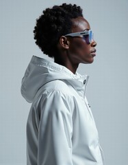Obraz premium Modern fashion portrait of stylish individual in trendy hooded jacket and reflective sunglasses