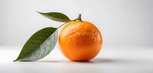 A bright orange orange, with its leaf stem placed on a clean white surface with a white background. The lighting is soft and even, bringing out the texture of the orange peel.