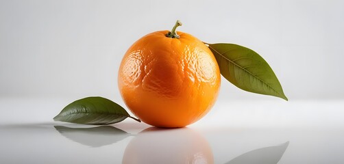 A bright orange orange, with its leaf stem placed on a clean white surface with a white background. The lighting is soft and even, bringing out the texture of the orange peel.