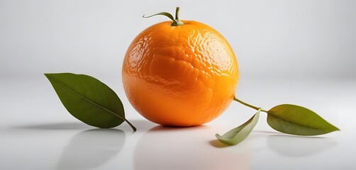 A bright orange orange, with its leaf stem placed on a clean white surface with a white background. The lighting is soft and even, bringing out the texture of the orange peel.