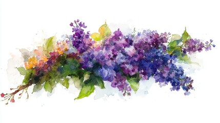 Vibrant Watercolor Bouquet of Colorful Lilacs and Green Leaves