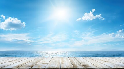 Fototapeta premium Relaxing ocean view from wooden deck, tranquil escape by the sea scenic