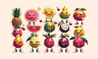  Modern vector-style illustration featuring anthropomorphic fruit characters with expressive faces, easily editable.