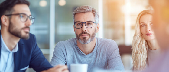 focused team of professionals in modern office setting, engaged in collaborative discussion with natural light enhancing atmosphere