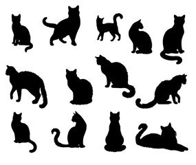 Vector illustration. Silhouettes of black cats. Set of animal stickers. Large set.	