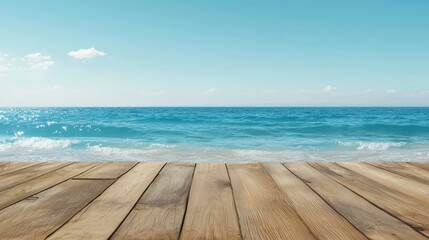 Fototapeta premium Tranquil ocean view with wooden table, serene coastal escape for relaxation and inspiration