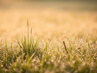  A misty spring morning with dew covered grass gently rising from the earth, surrounded by a tranquil, serene landscape.