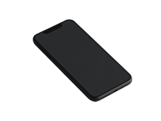 Black smartphone lying flat on a surface in natural light on a transparent background, cut out