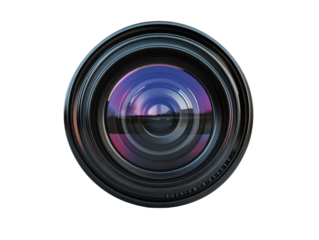 Camera lens with vibrant reflections displaying intricate details on a transparent background, cut out