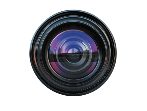Camera lens with vibrant reflections displaying intricate details on a transparent background, cut out