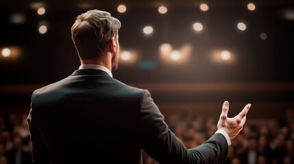 Man in a suit stands on a stage in front of a crowd, giving a speech. Concept of professionalism and authority, as the man is dressed in a suit and tie and he is in a position of power