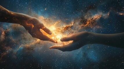 double exposure hands touching and the universe spinning inside Hands connecting in a cosmic embrace