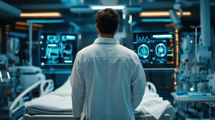A futuristic hospital environment with a doctor using advanced medical software, holographic patient records floating in the air, high-tech and sleek design, ultra-detailed