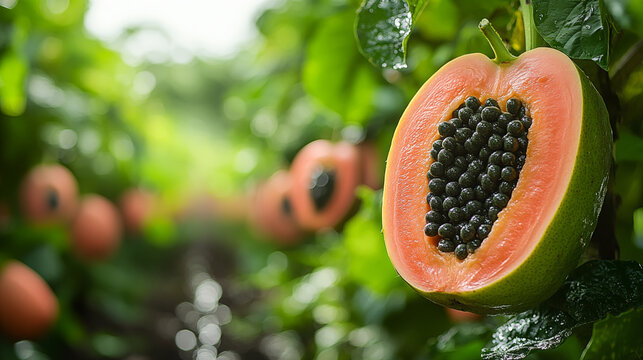 Fresh papaya sliced open hanging on tree with black seeds in tropical garden. Natural organic fruit growing for healthy nutrition and exotic food concept