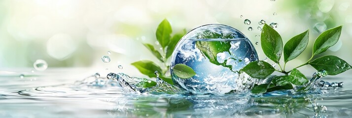 Earth partially submerged in water with green leaves, symbolizing sustainability and conservation. Ideal for World Water Day banners, eco campaigns, and environmental awareness